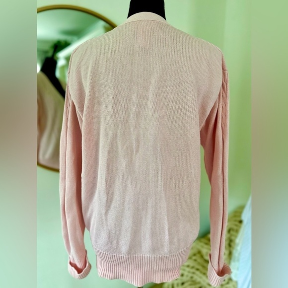 YARNWORKS Pink Knit Half Button Cotton Cardigan Sweater W/ Retro Gold Buttons L - Picture 3 of 7